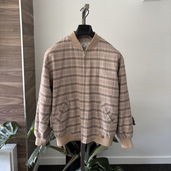 Valentino Jacket Bomber Beige Plaid Wool *VINTAGE* Logo V 100% Authentic - Picture 10 of 15